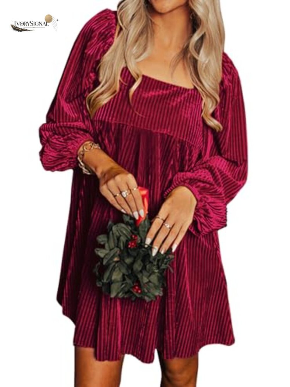 Miduo Womens Velvet Babydoll Shift Mini Dress Square Neck Long Sleeve